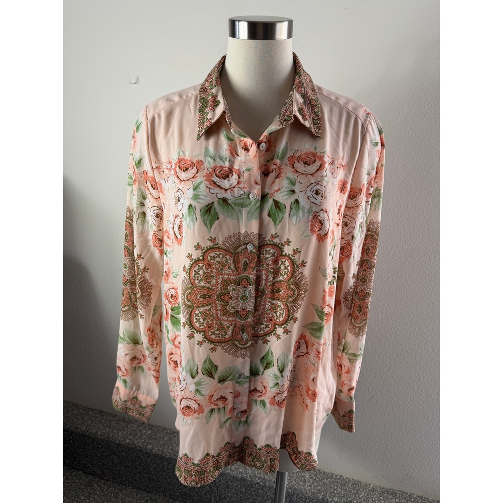 NEW Rose + Olive Womens XL Peach Floral Paisley Button Down Long Sleeve Shirt